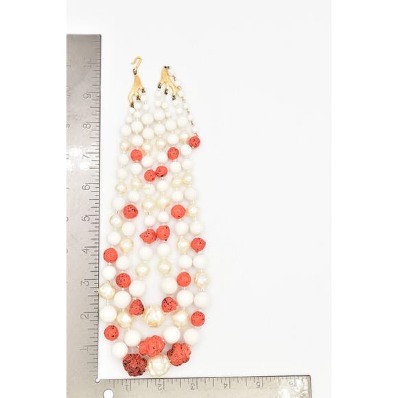 Japan Vintage Beaded Necklace Orange White Pearl Layered Chunky Signed 60s Bin7B - Picture 12 of 12